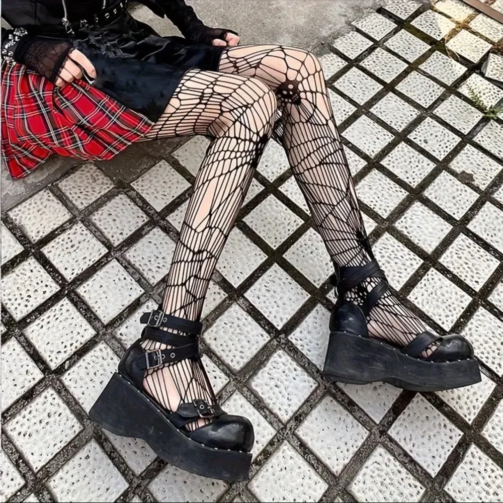 Black Gothic Skull Pattern Fishnet Tights Sexy Hollow Out Mesh Pantyhose OneSize